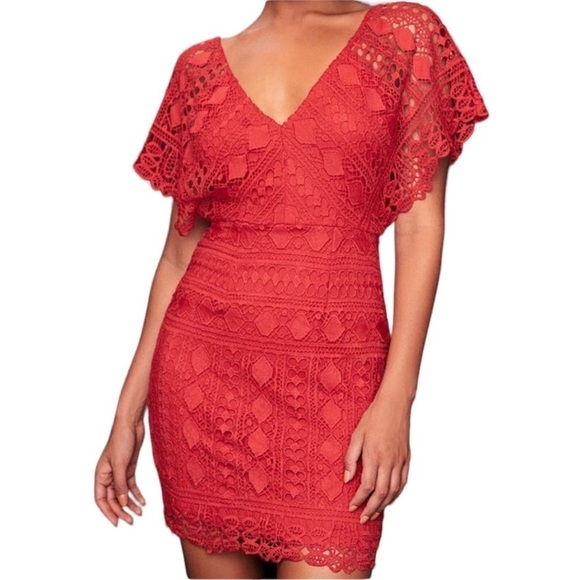 Lulus Mini Dress Coquette XS Lace Feminine Tomato Girl Cherry Red Flutter Sleeve - Picture 3 of 11
